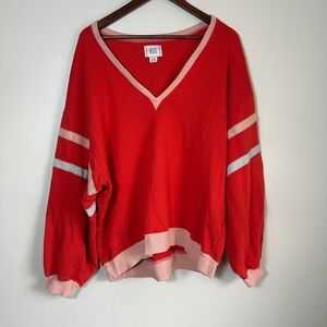 BDG Sweatshirt‎ Womens Medium Red Pink V-Neck Striped Sleeve Varsity Pullover